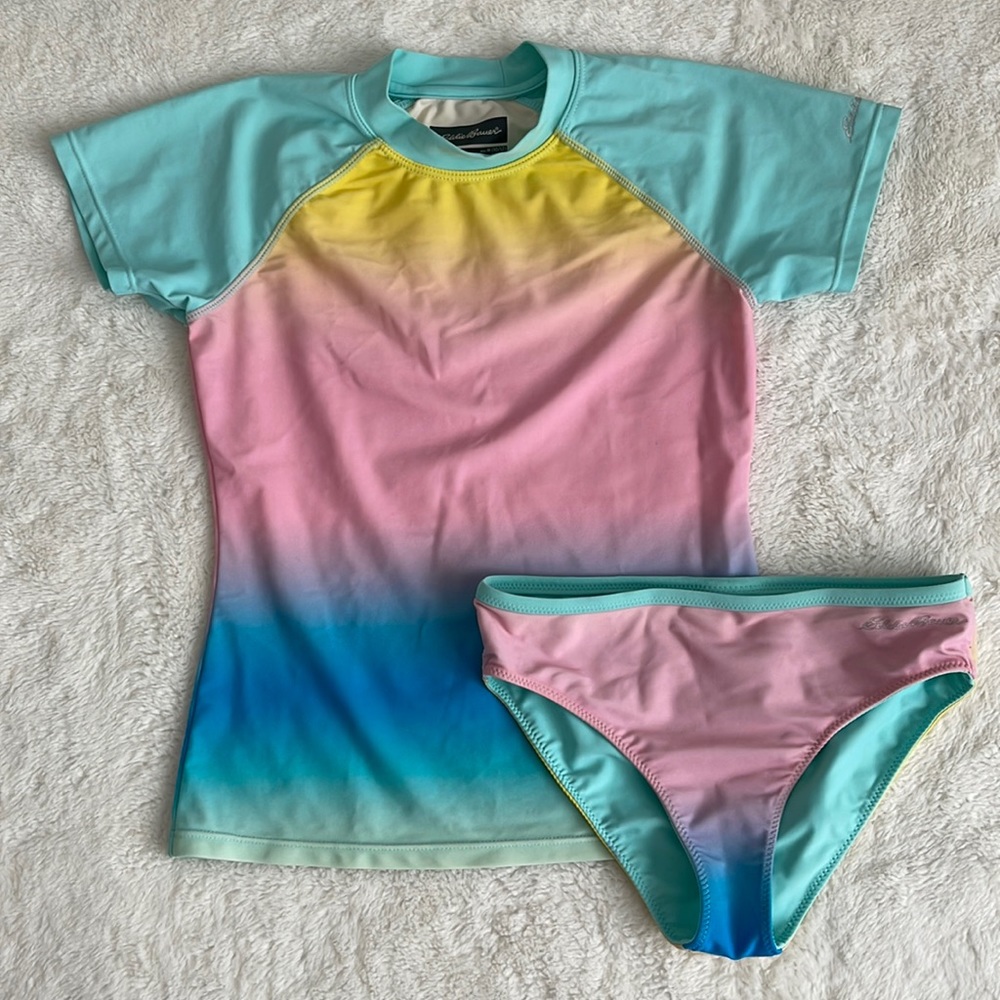Eddie Bauer Ombré Swim Rush Guard with Bottom set Girls Kids M 10/12